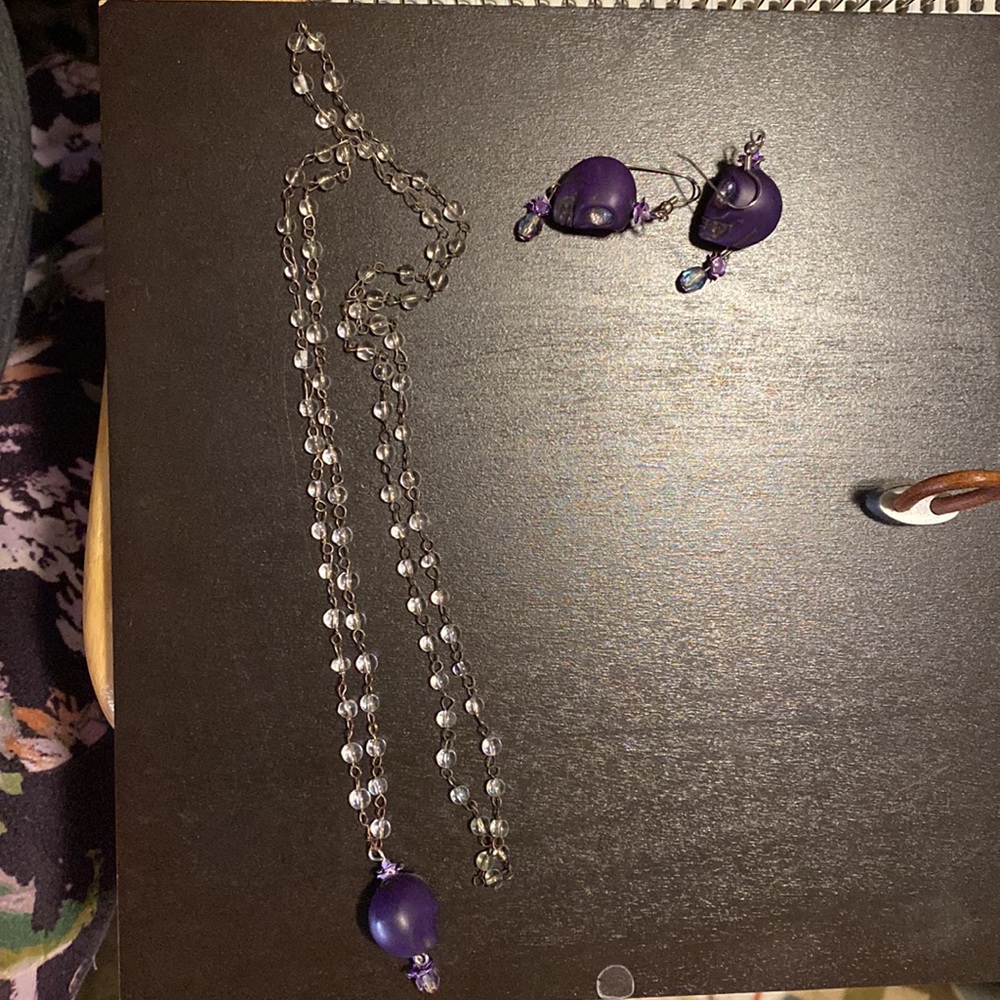 Purple skull, earrings, and necklace set